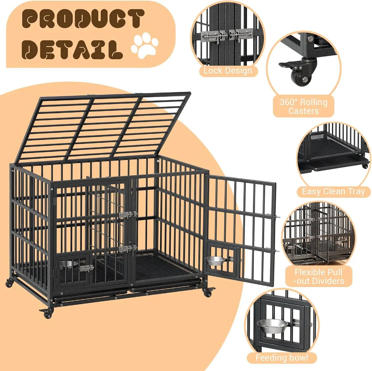 42" Metal Dog Crate with Wheels & Removable Tray