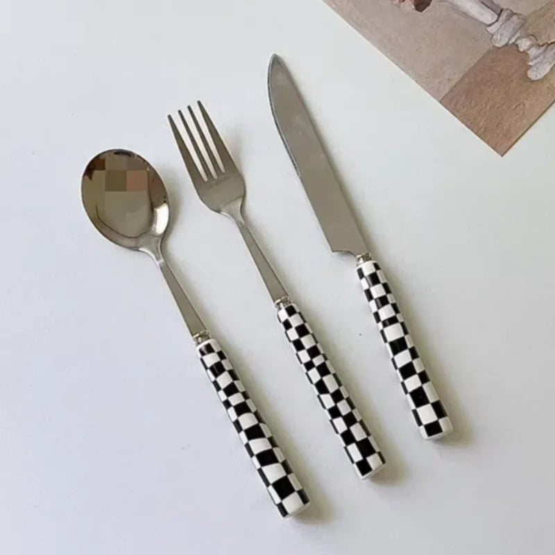 Checkerboard Ceramic-Handle Flatware — 3 Pieces