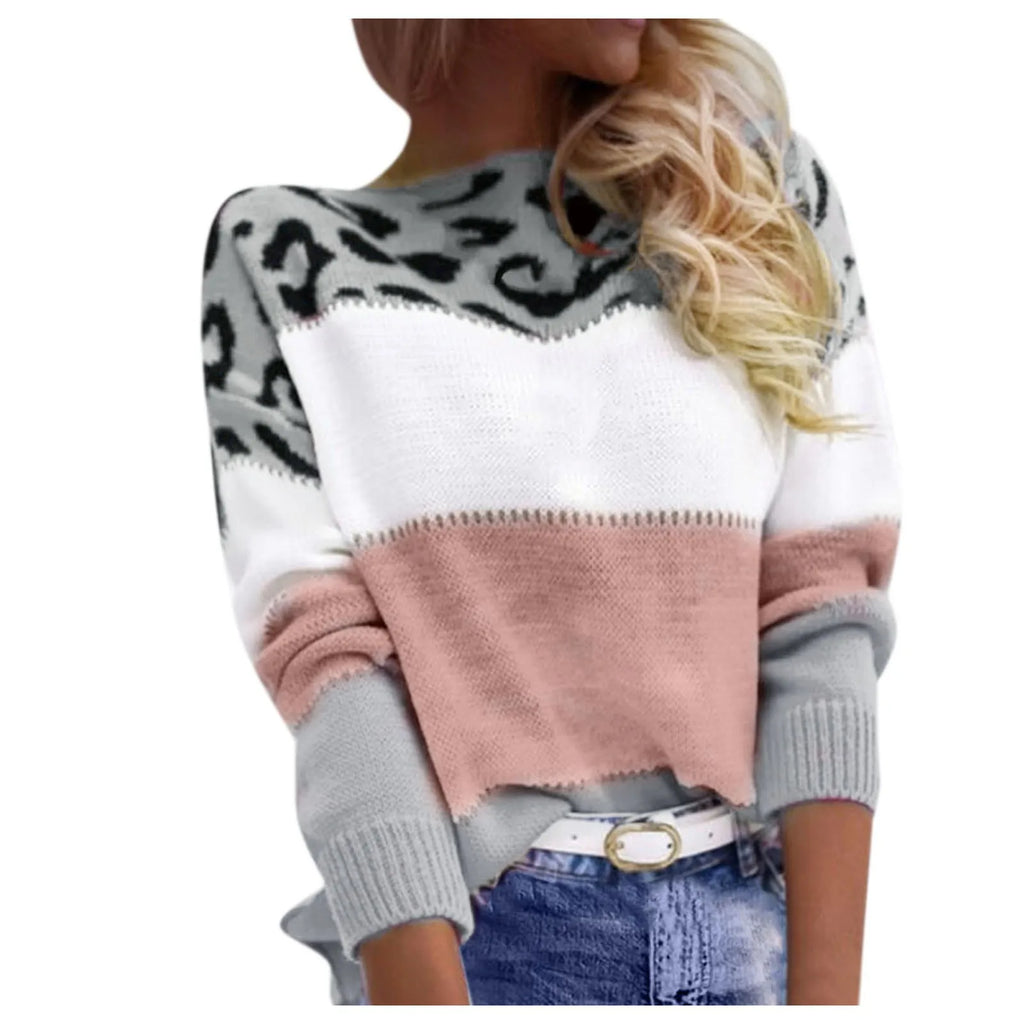 Women Sweaters Contrast Leopard Color Pullovers Loose Autumn Winter Long Sleeve Sweater Jumper Pull Femme Knitwear Oversized Dsers