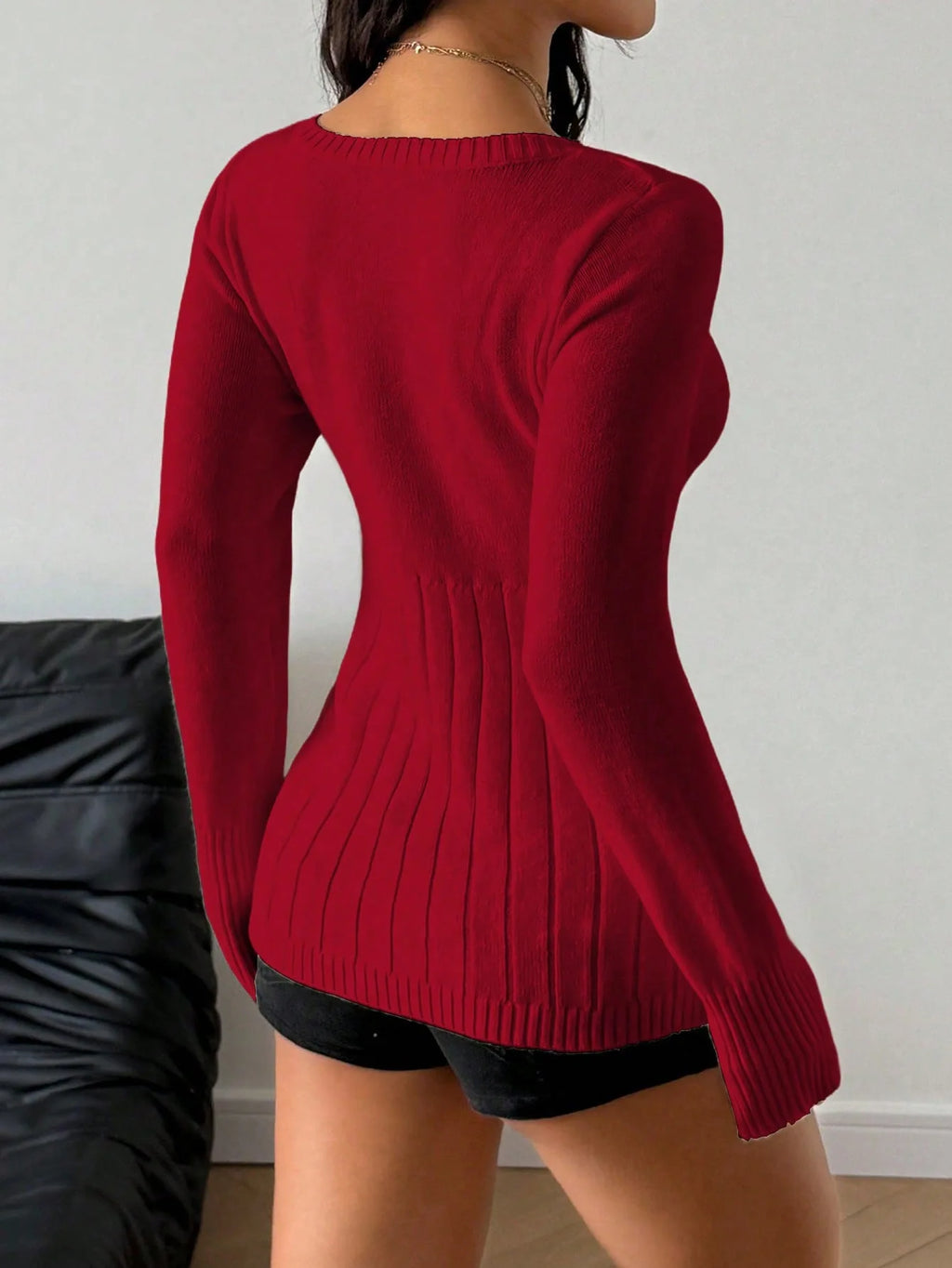 Women Square Neck Button Front Knit Top, Cable Knit Slim Fit Long Sleeve Blouse Whispering Desires Shoppe