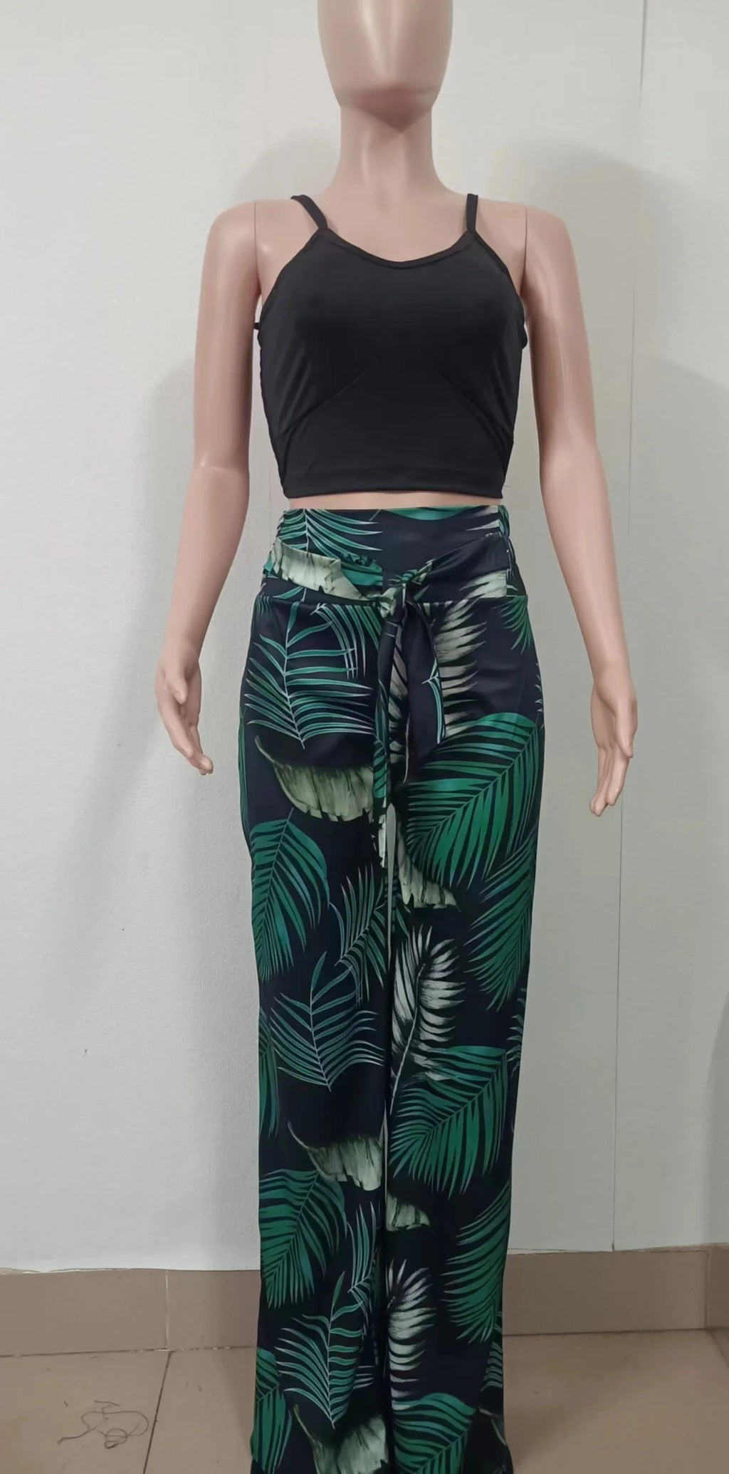 Women's Printed V-Neck Halter Top and Wide-Leg Pants Set