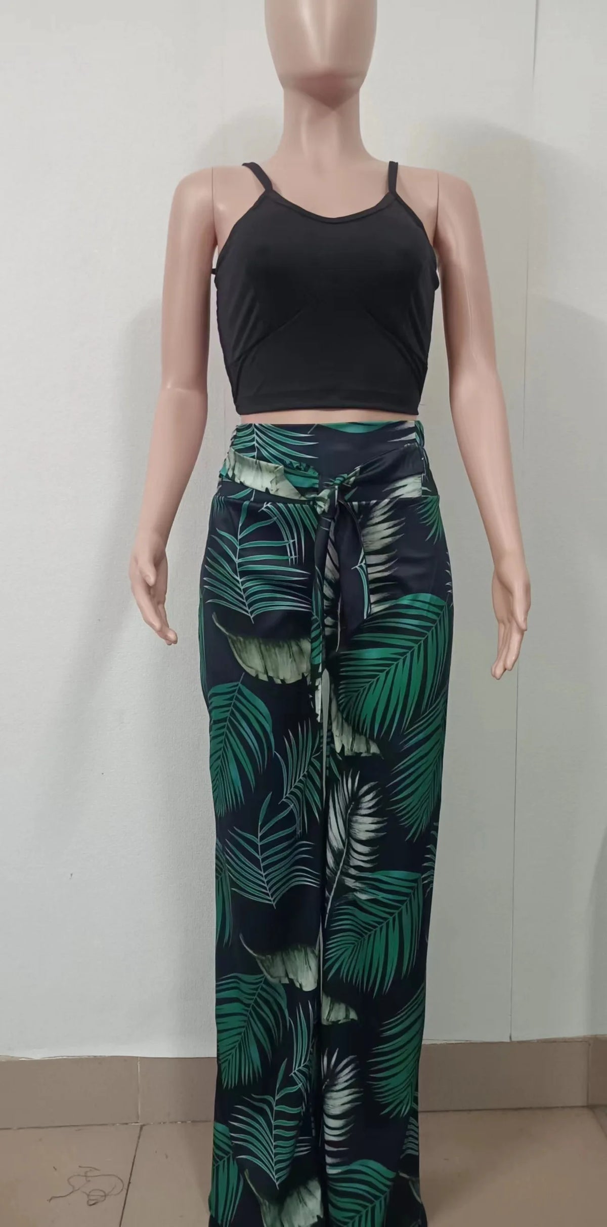 Women's Printed V-Neck Halter Top and Wide-Leg Pants Set