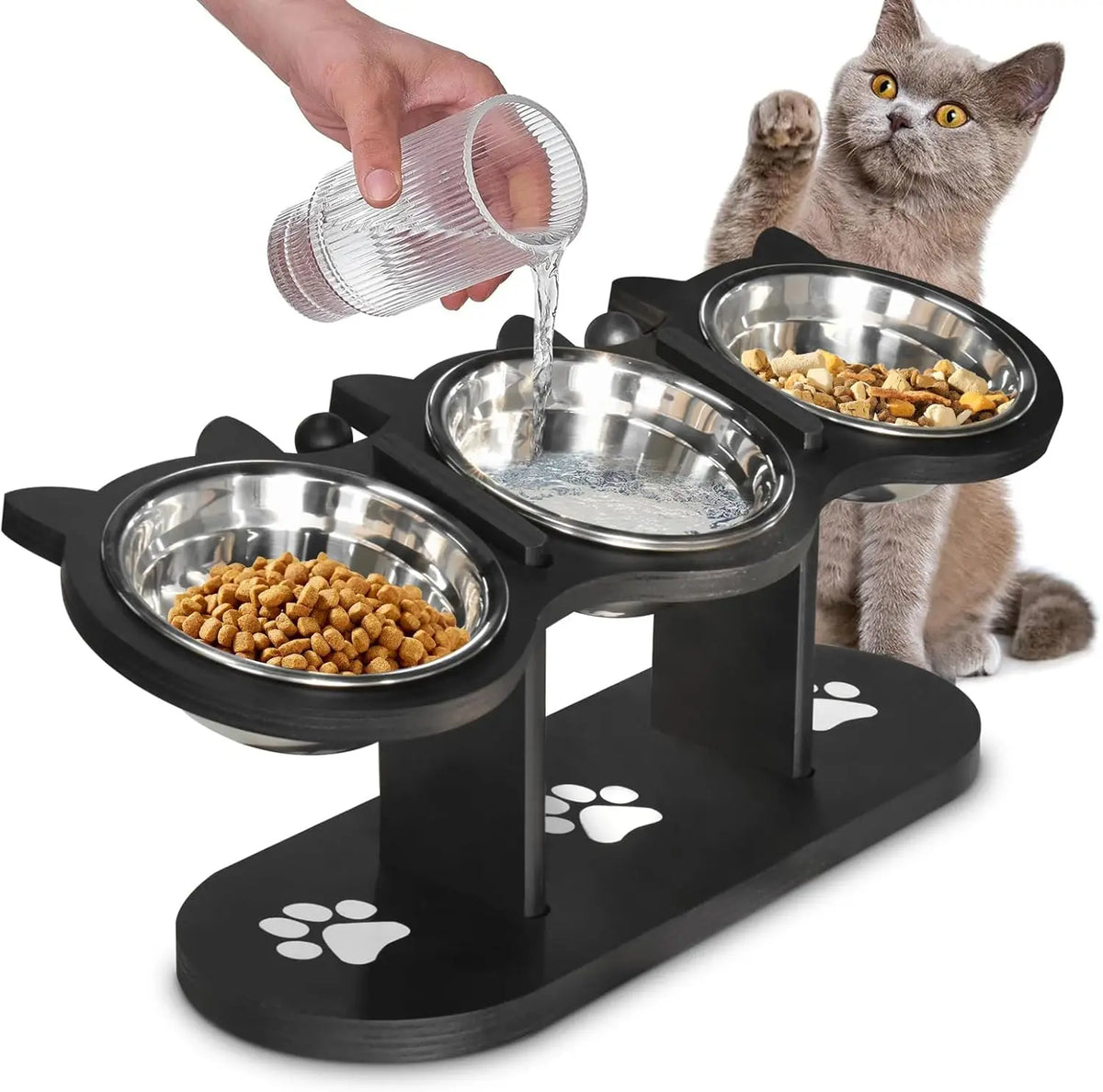 Adjustable Raised Cat Bowl Stand with Three Steel Bowls