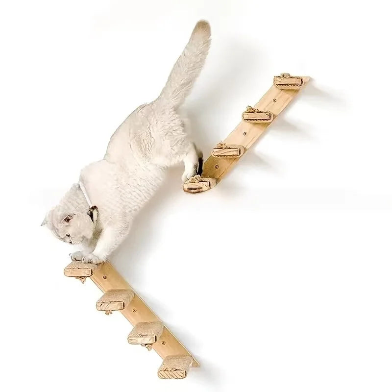Wall-Mounted Wooden Cat Climbing Stairs