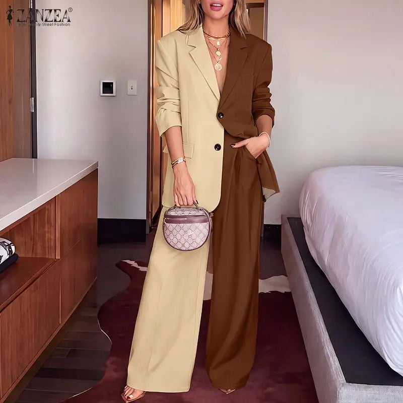 ZANZEA Patchwork Blouse and Pants Set