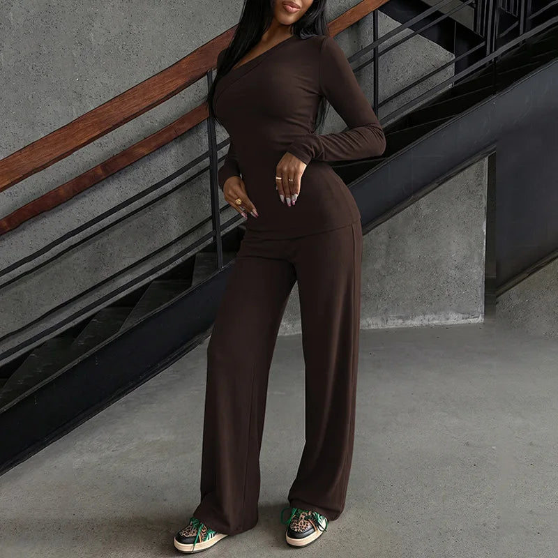Women's Asymmetric Long-Sleeve Top and Flared Pants Set
