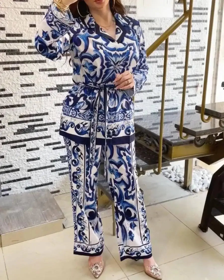 Printed Collar Top & Wide-Leg Pants Set