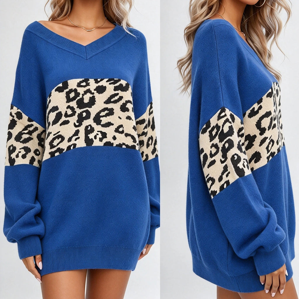 Leopard Colorblock V-Neck Oversized Sweater