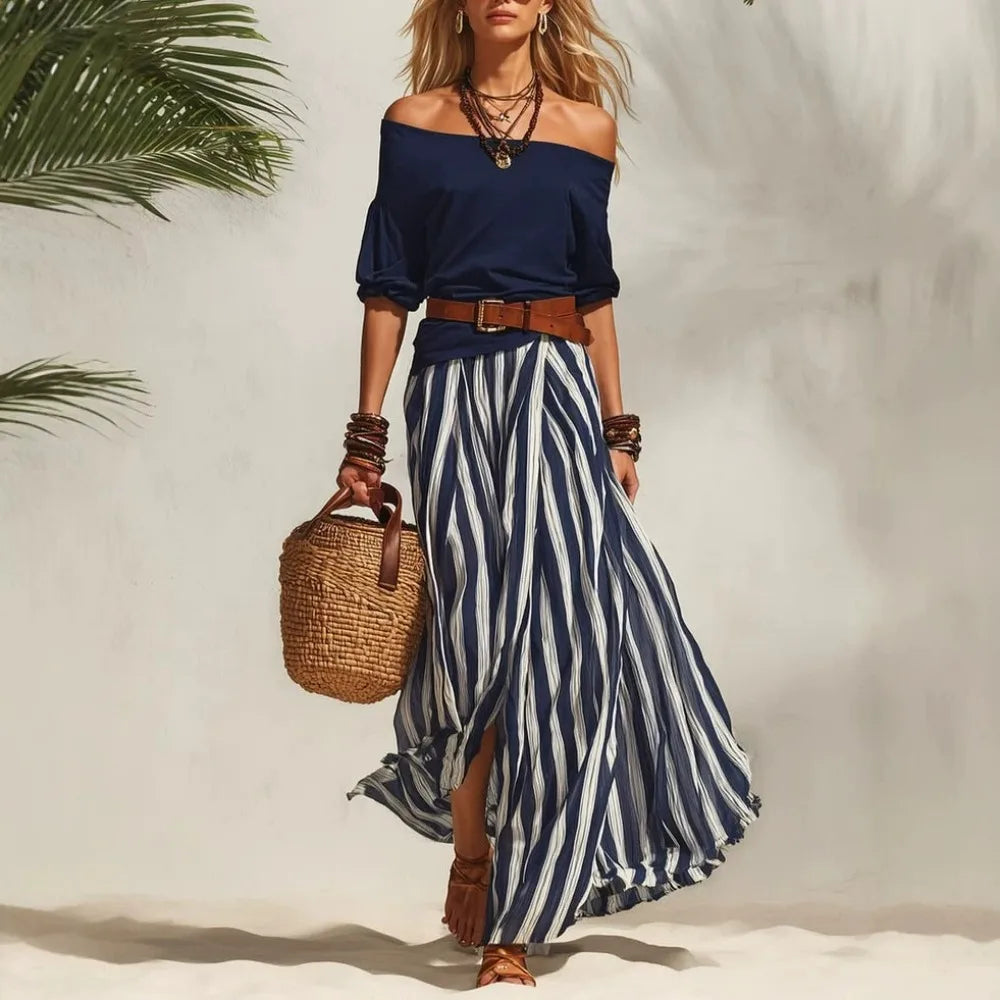 Off-Shoulder Puff-Sleeve Top & Maxi Skirt Set