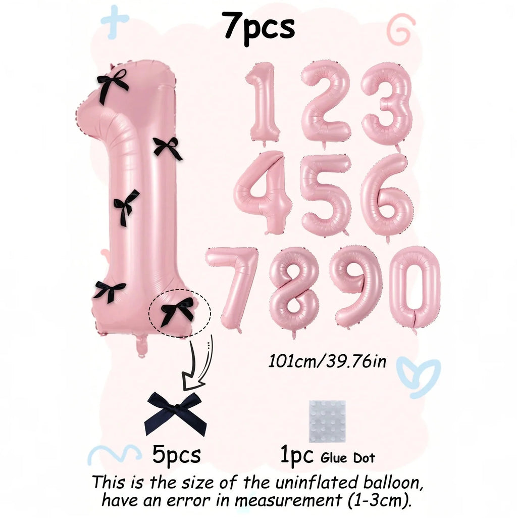 Pink Number Balloon Set with Black Bow, Seven Pieces