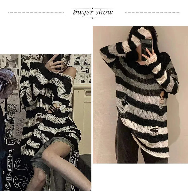 Karrram Punk Gothic Sweater Emo Tops E-girls Mall Goth Pullovers Y2k Harajuku Grunge Clothes Alt Dark Aesthetic Striped Jumpers Dsers