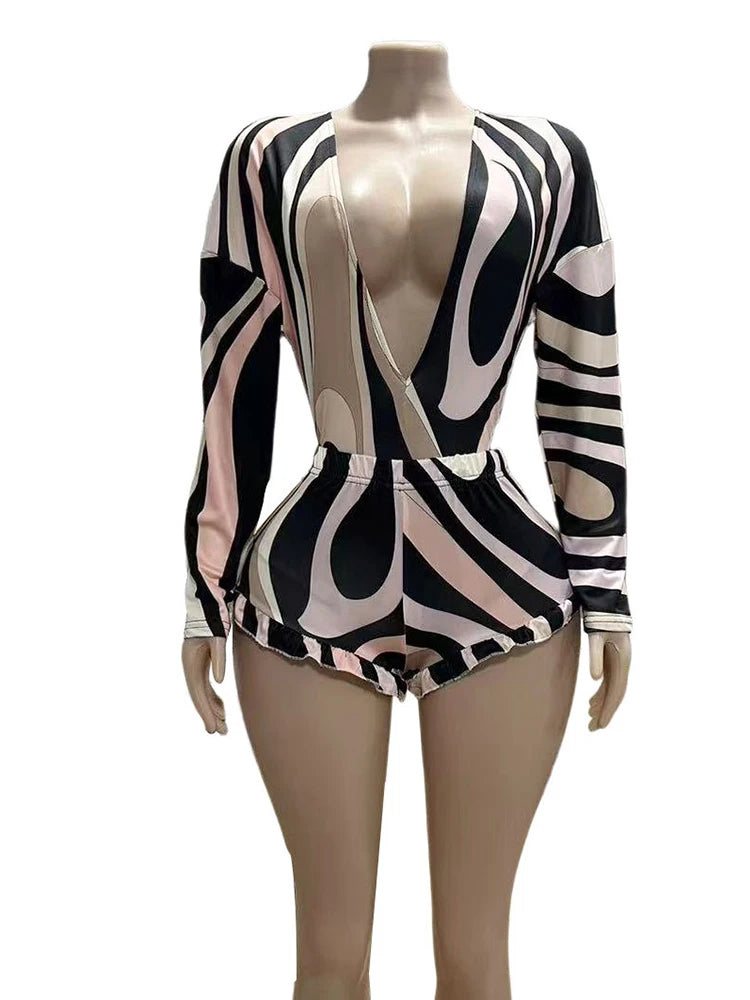 V-Neck Bodysuit & Mesh Shorts Set