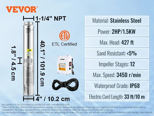 SucceBuy 230V Stainless Steel Deep Well Pump