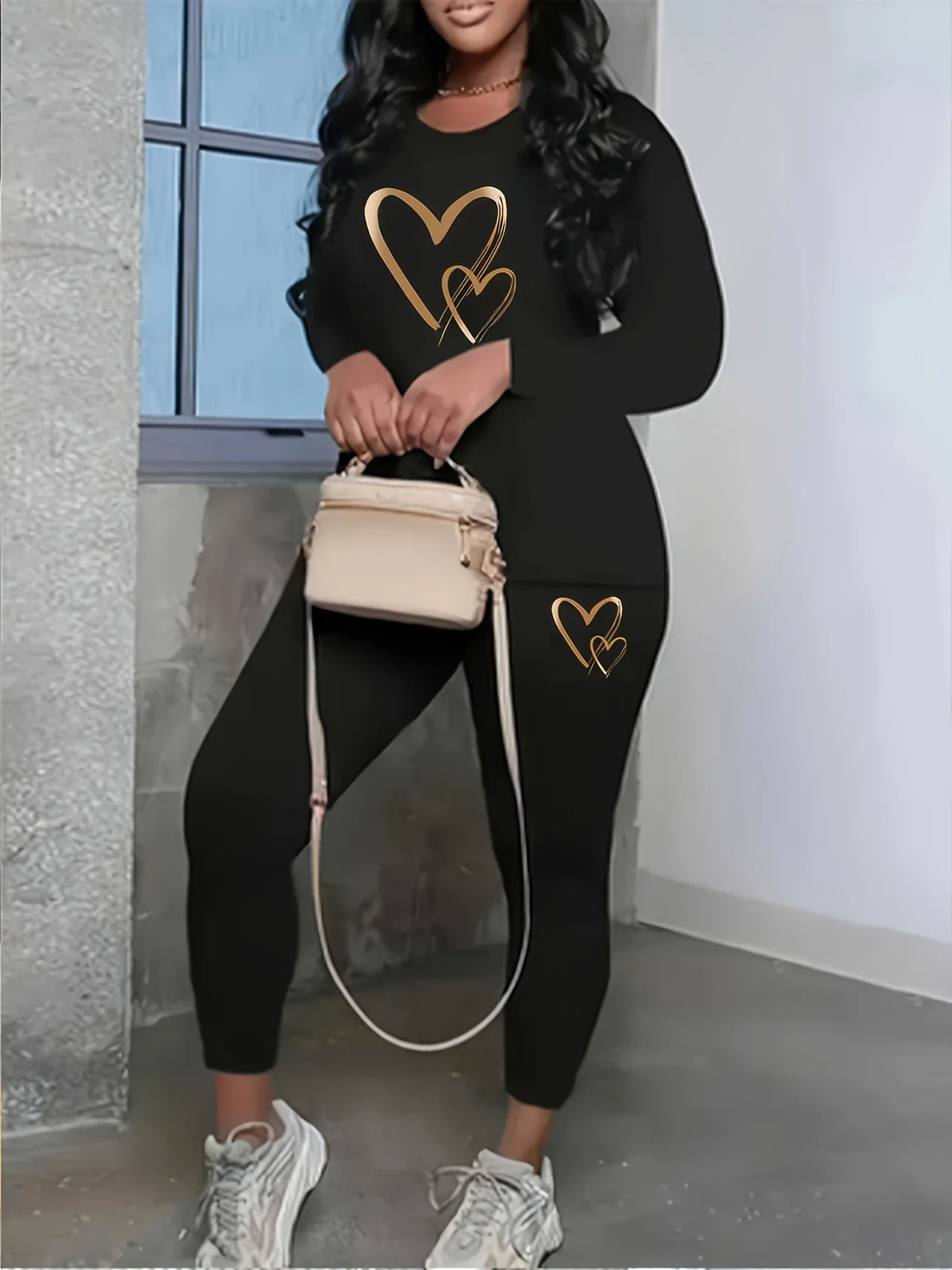 Women's Heart-Print Top and Pants Set