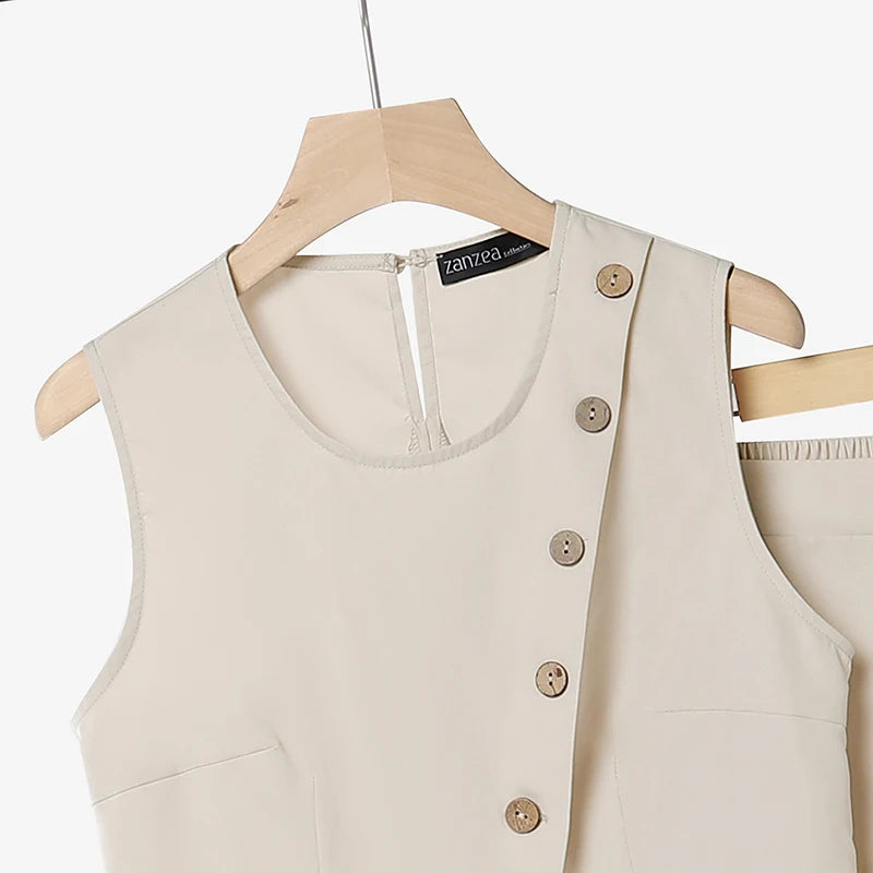 ZANZEA Sleeveless Button Blouse & Pants Set