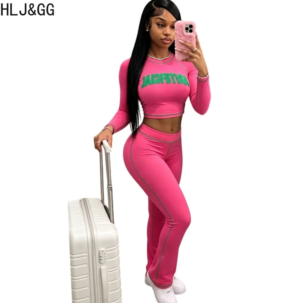 Women's Contrast Letter-Print Top and Flared Pants Set
