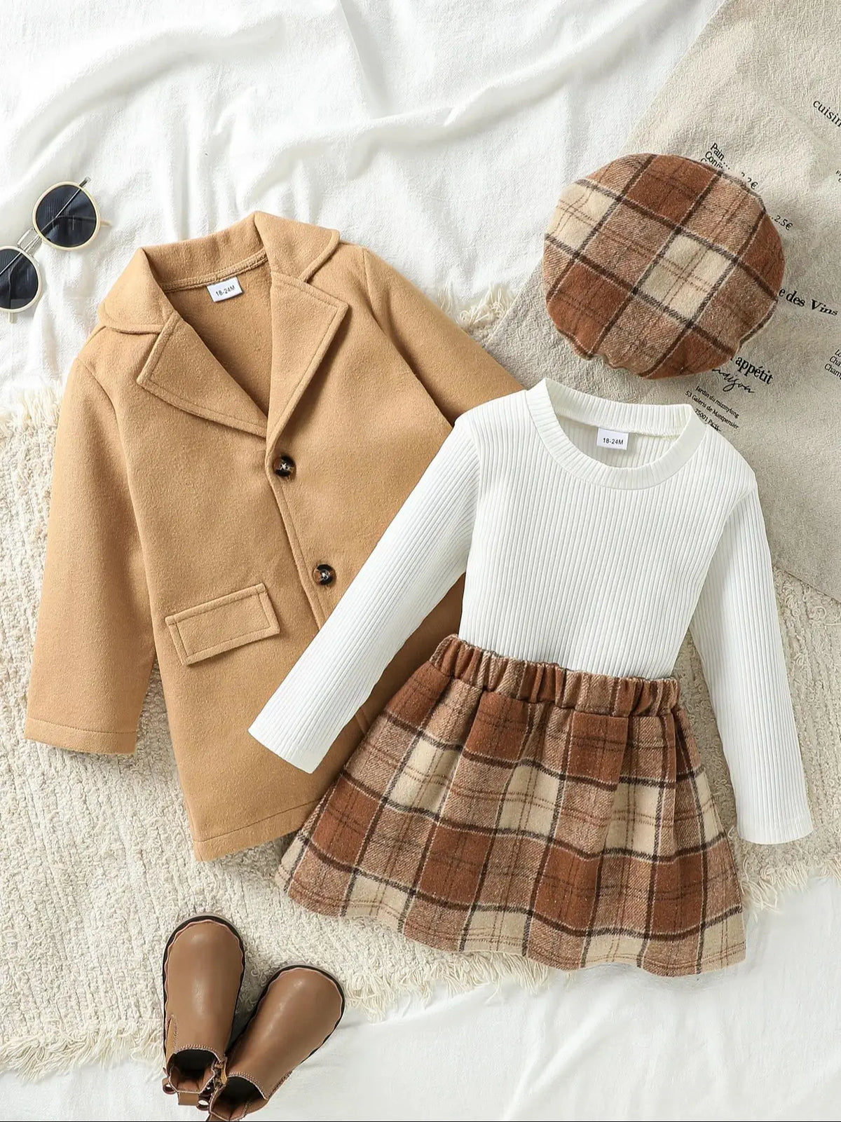 Girls' Four-Piece Autumn Outfit with Plaid Skirt