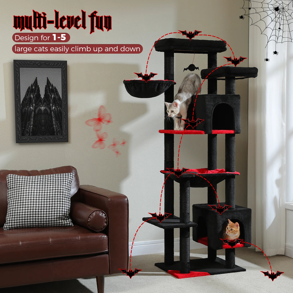 Tall Cat Tree for Indoor Cats Big Cat Tower with Super Large Hammock Cat Climbing Tree with Scratching Posts Condo House Black Whispering Desires Shoppe