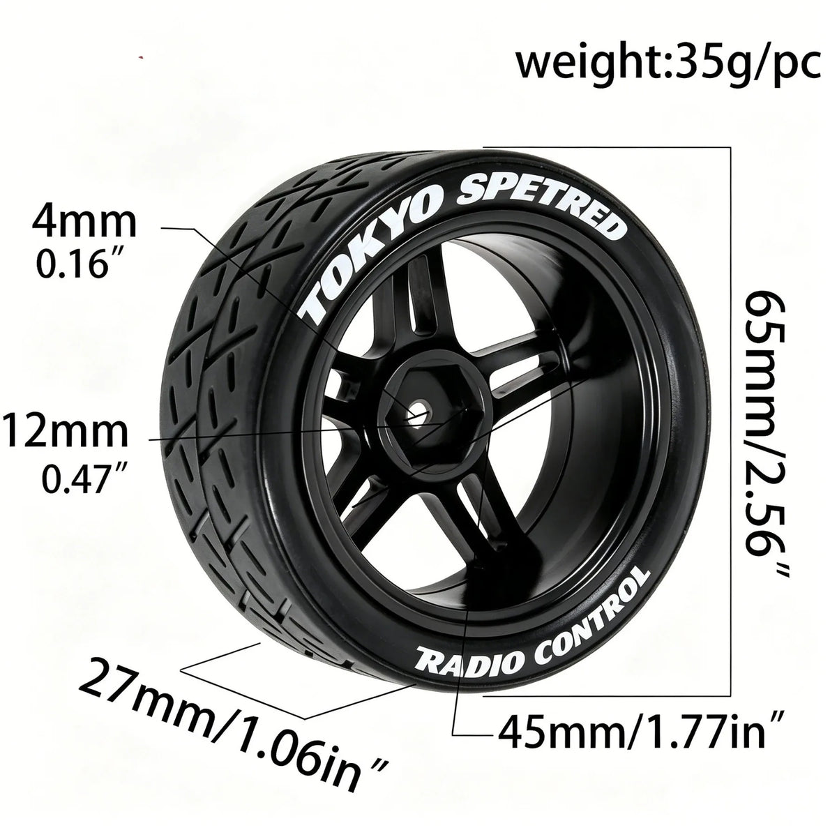 1:10 RC Car Tires & Wheels – Set of 4, 12 mm Hex