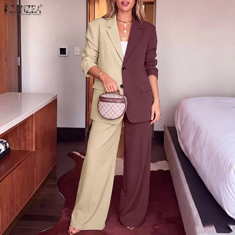 ZANZEA Patchwork Blouse and Pants Set