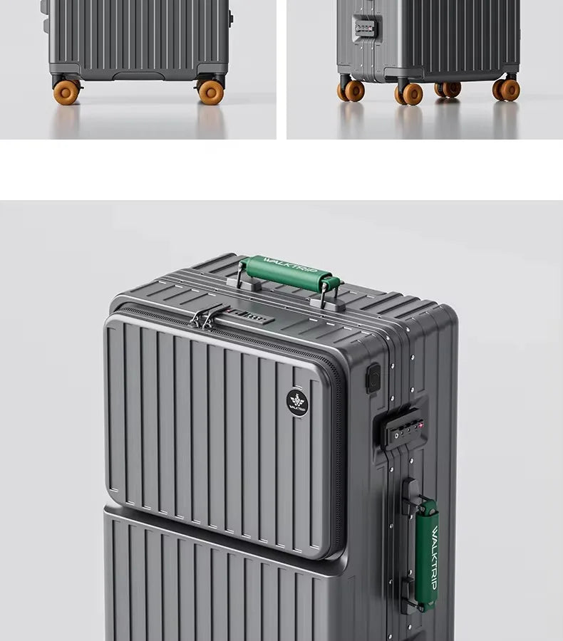 Front Opening Suitcase PC Material with Aluminum Frame TSA Lock Cup Holder Charging Port Colorful Wheels Travel Rolling Luggage Whispering Desires Shoppe