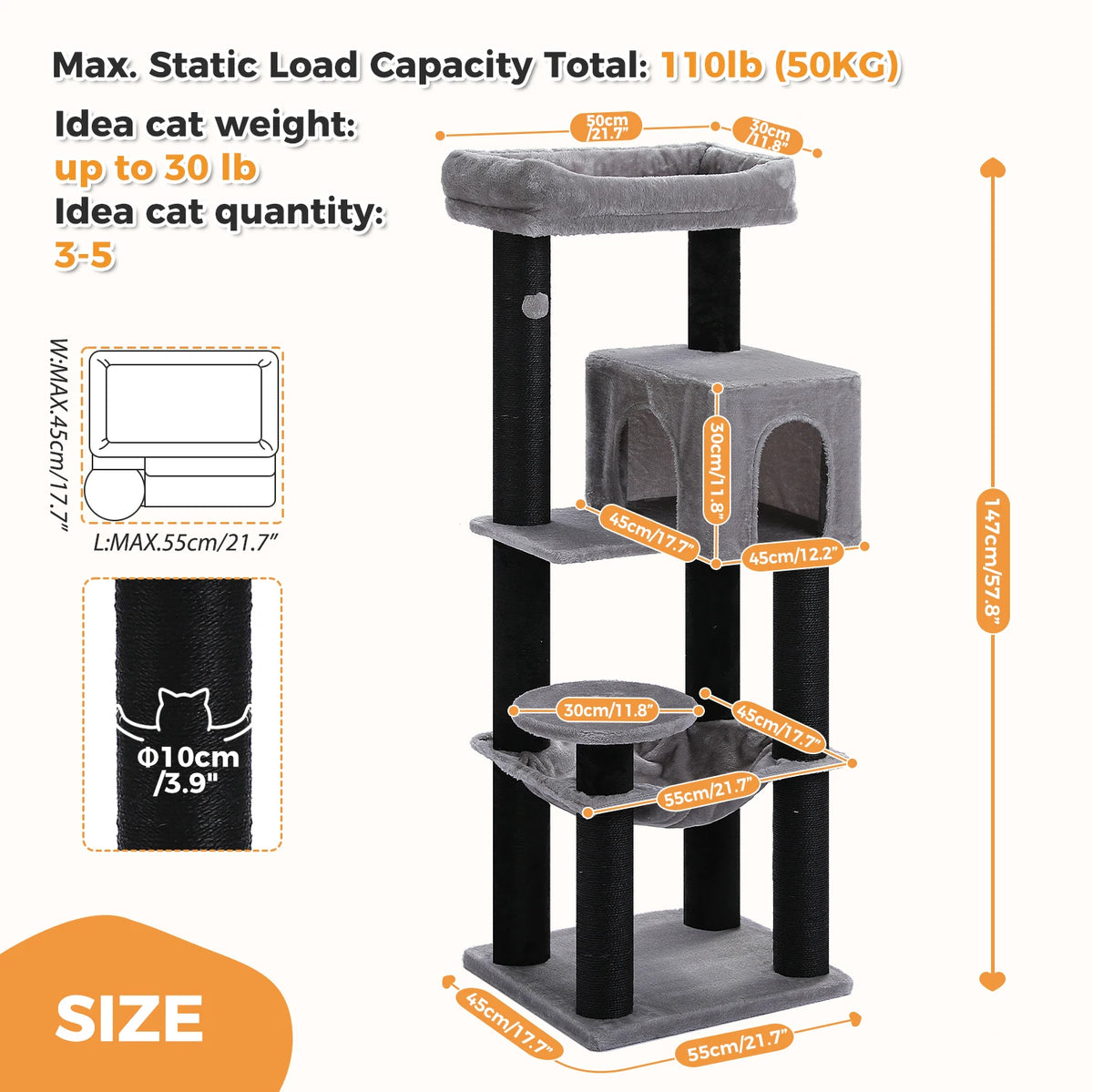 147cm Cat Tree with Large Condo & Hammock