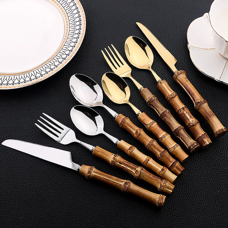 JANKNG Bamboo-Handle Flatware — 24 Pieces