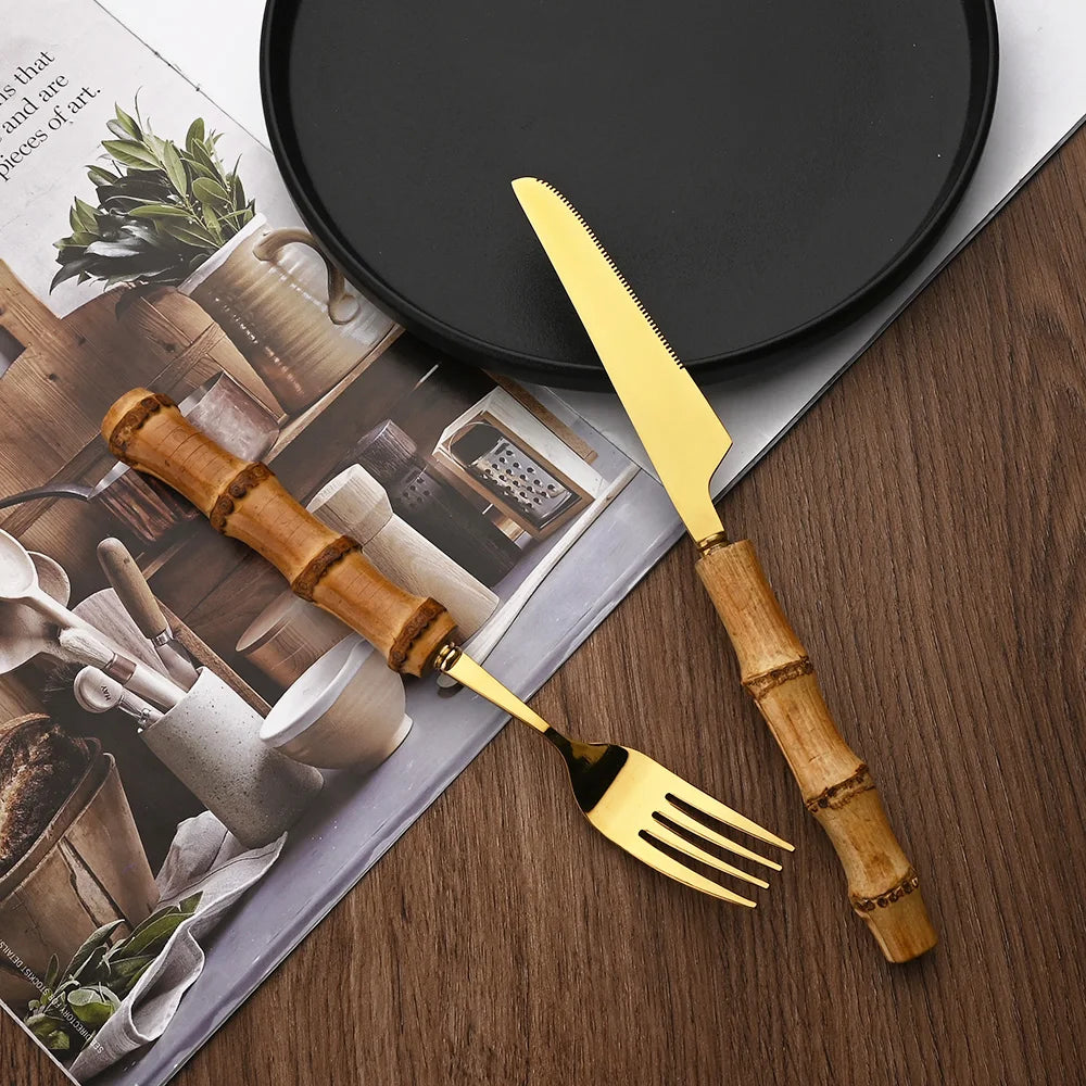 PINKTEN Bamboo-Handle Stainless Steel Flatware