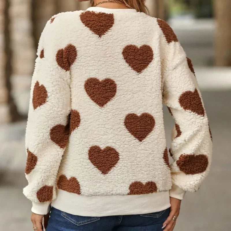 Heart-Print Round-Neck Knit Sweater