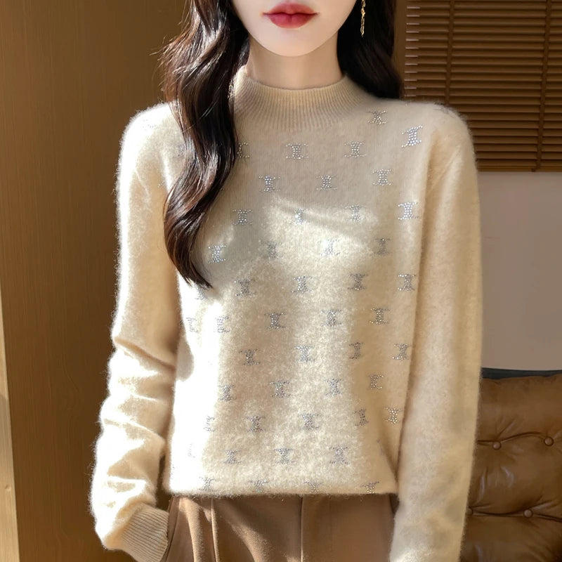 Women Fine Wool Thickening Sweater Half-high Collar Leaf studded With Diamonds Pullover Female Knitted Basis Tops Autumn Winter Dsers