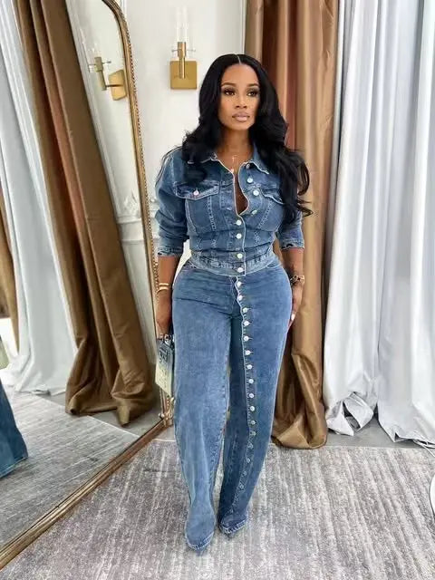 Denim Jacket & Straight Pants Set
