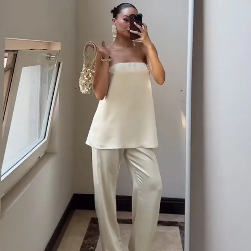 Women's Satin Tube Top and Wide-Leg Pants — Separates