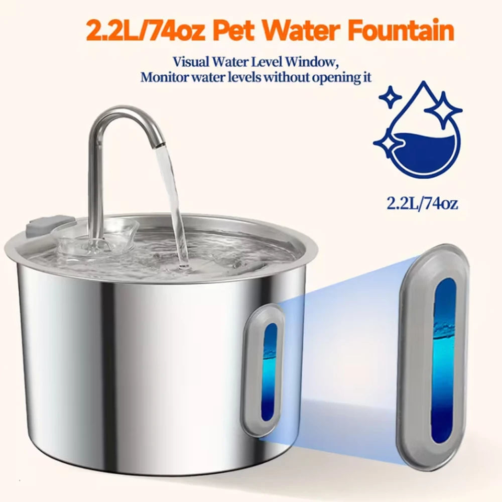 2.2L Cat Water Fountain 304 Stainless Steel Pet Water Dispenser, Cat and Dog Drinking Bowl with Visual Water Level Window Whispering Desires Shoppe