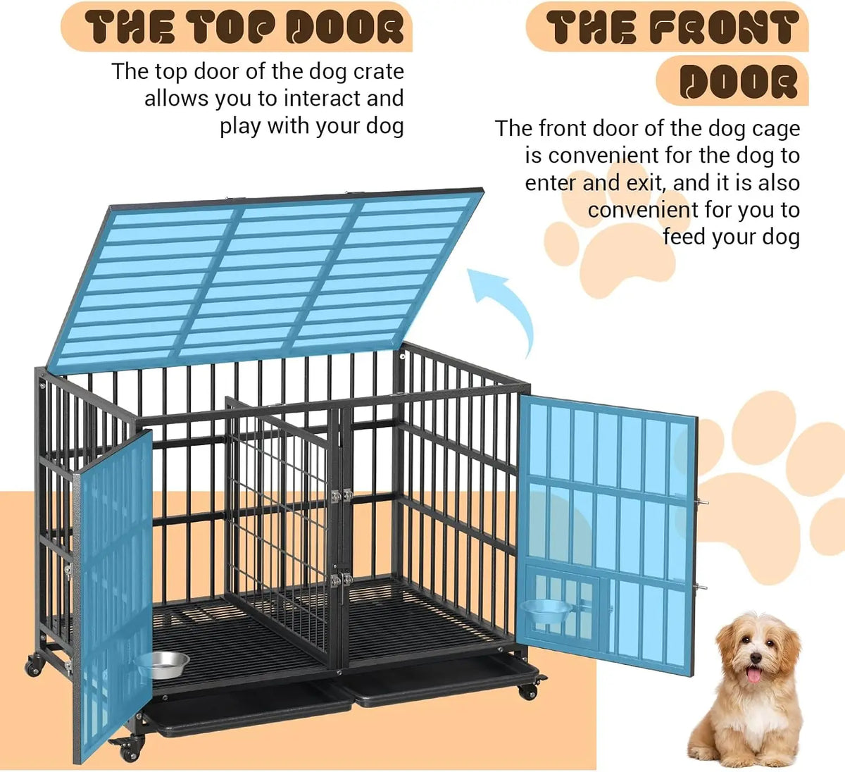 42" Metal Dog Crate with Wheels & Removable Tray