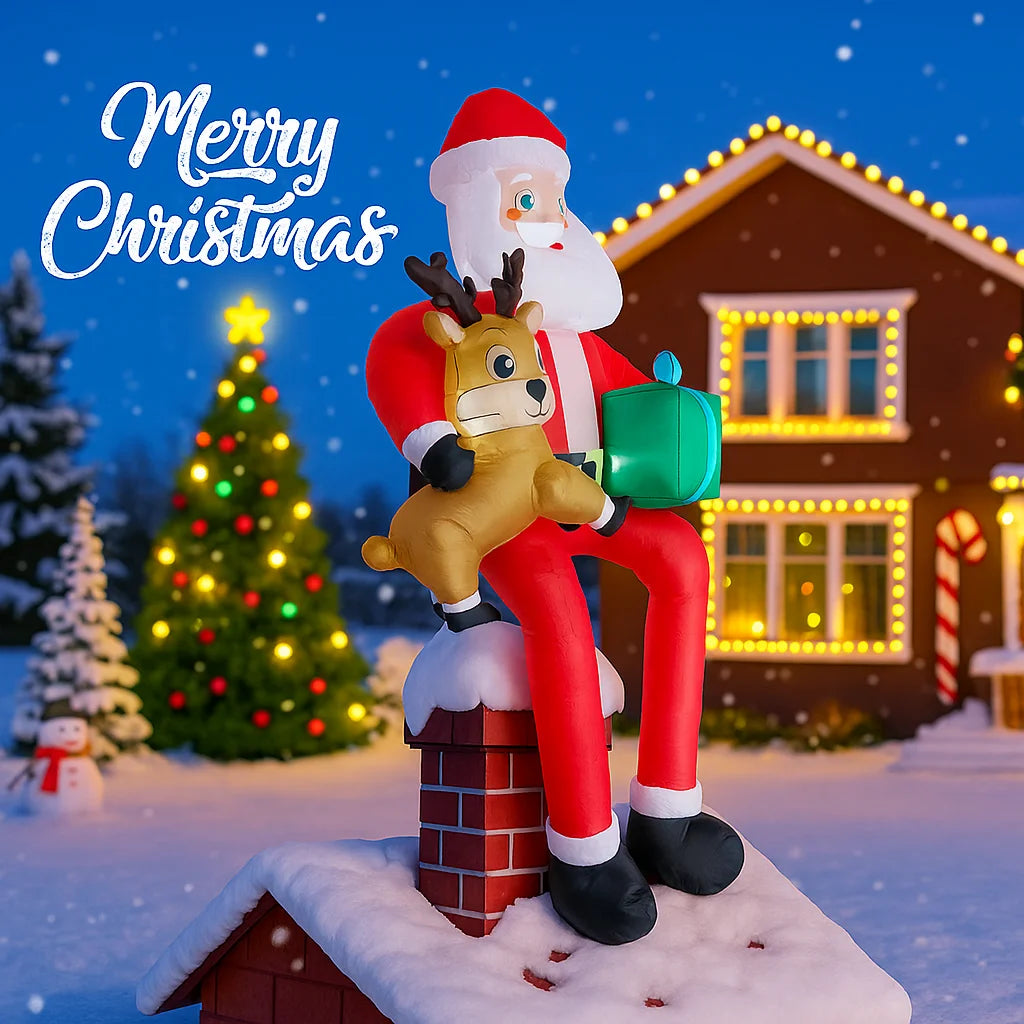 9.5 ft Inflatable Santa & Reindeer Christmas Yard Decoration