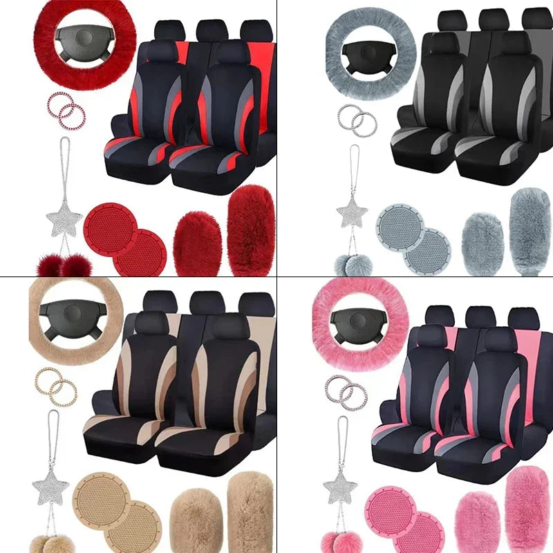 Striped Polyester Car Interior Cover Set – 17 Pieces