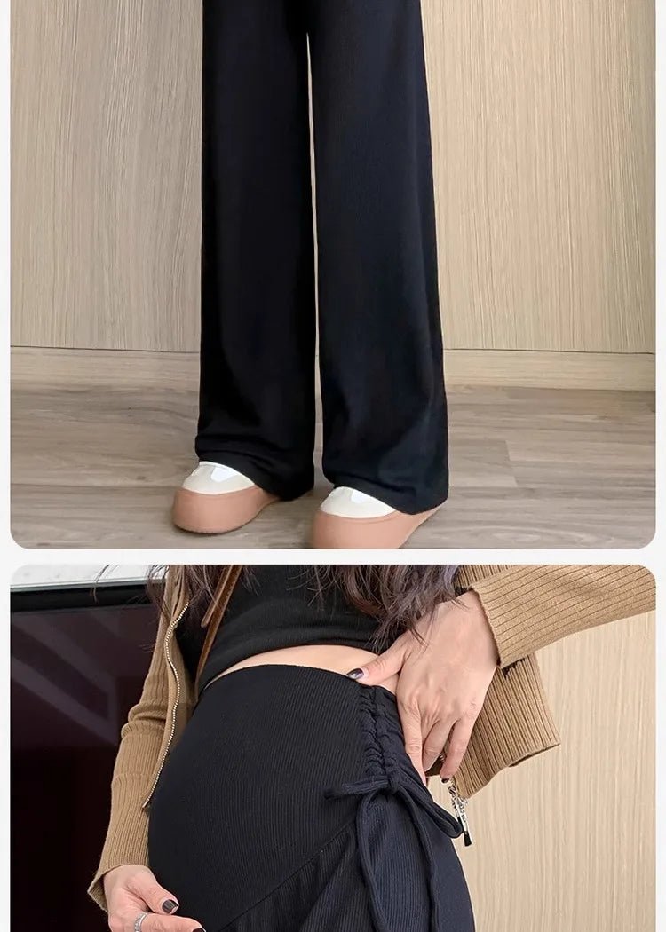 Maternity Trousers Spring and Autumn Outside Wear New Summer Petite Casual Drawstring Straight Wide Leg Trousers Maternity Wear Whispering Desires Shoppe