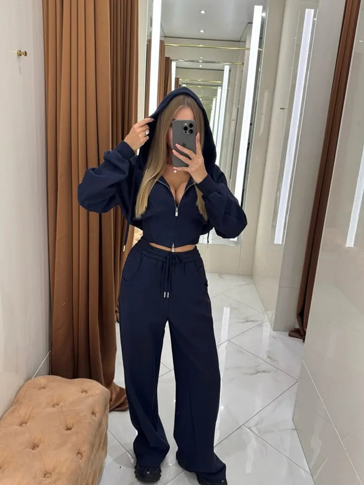 Women's Zip-Up Hooded Jacket and Wide-Leg Pants Set