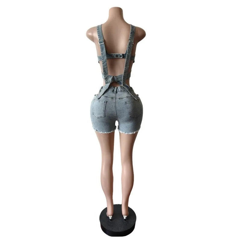 Women's Cutout Denim Top and Shorts Set