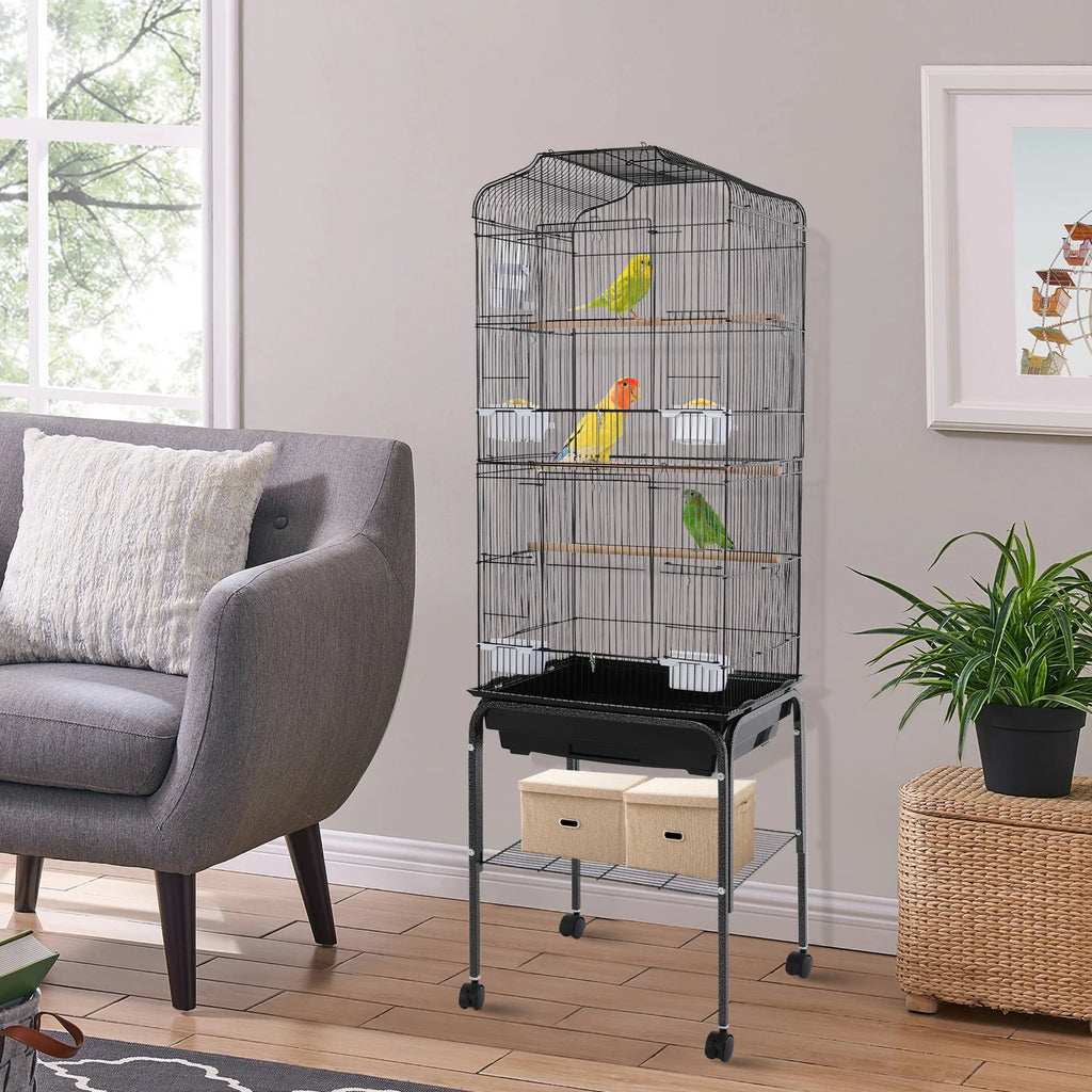 Bird Cage with Rolling Stand & Feeding Bowls