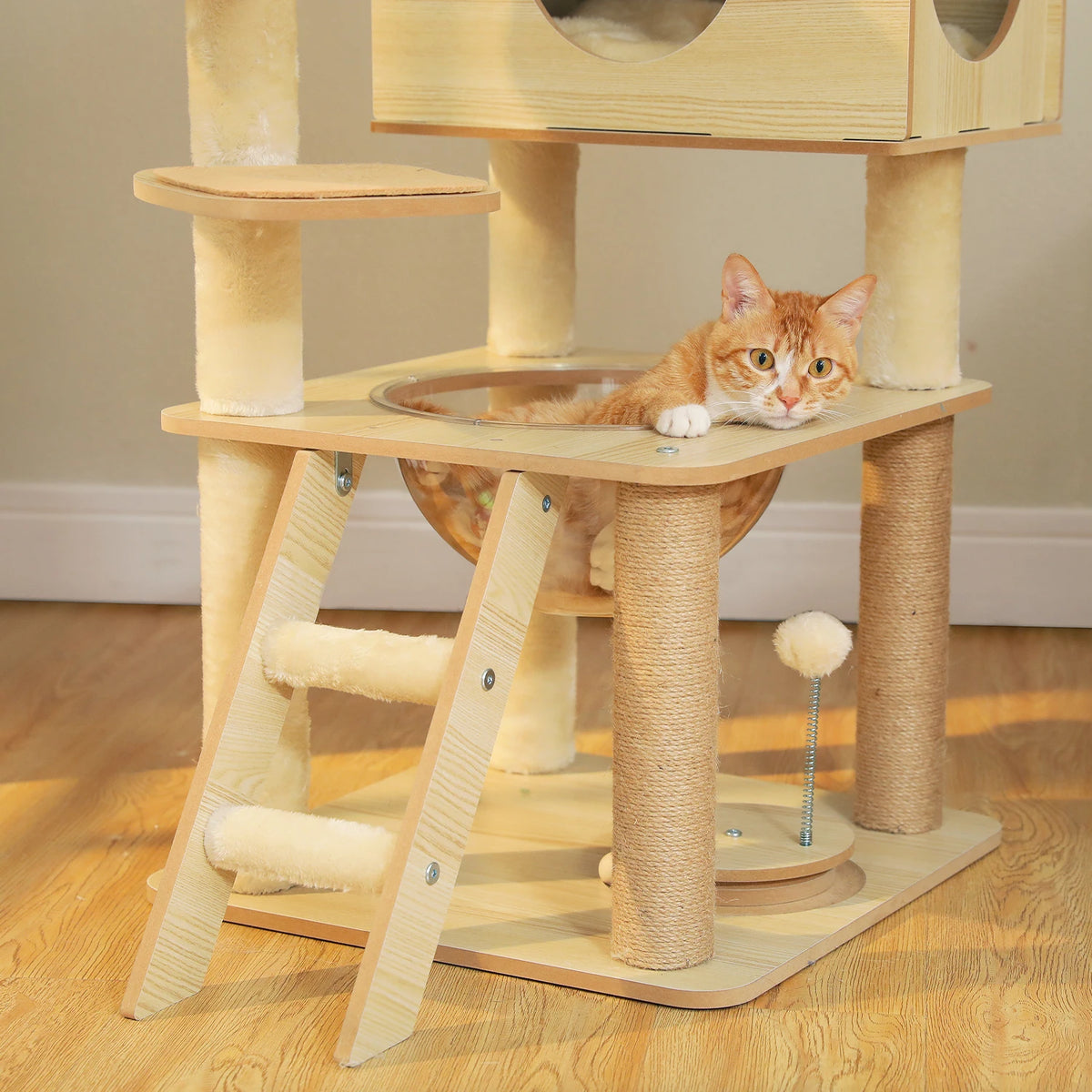 Multi-Level Wooden Cat Tree with Condo & Hammock