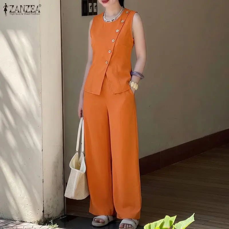 ZANZEA Sleeveless Button Blouse & Pants Set