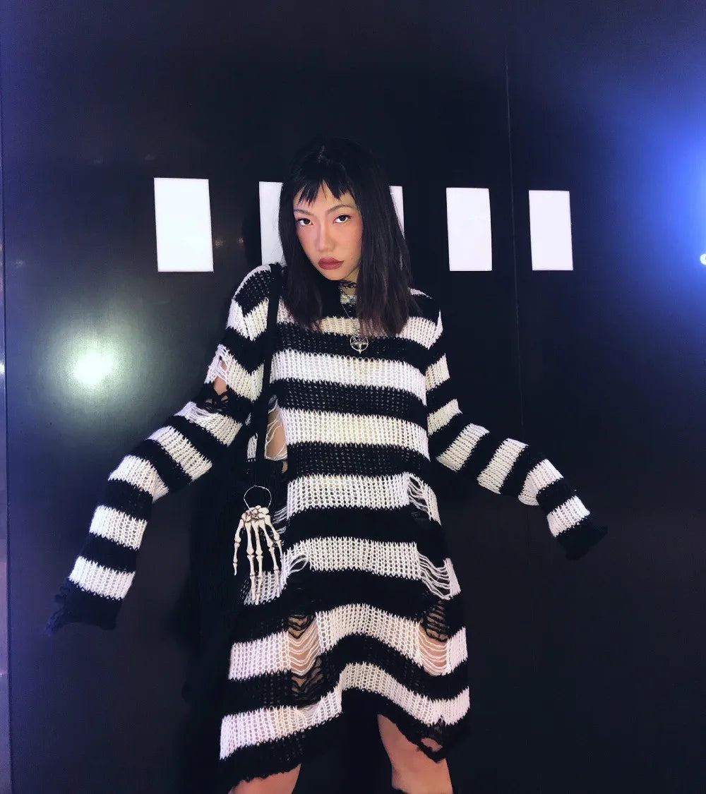 Karrram Punk Gothic Sweater Emo Tops E-girls Mall Goth Pullovers Y2k Harajuku Grunge Clothes Alt Dark Aesthetic Striped Jumpers Dsers