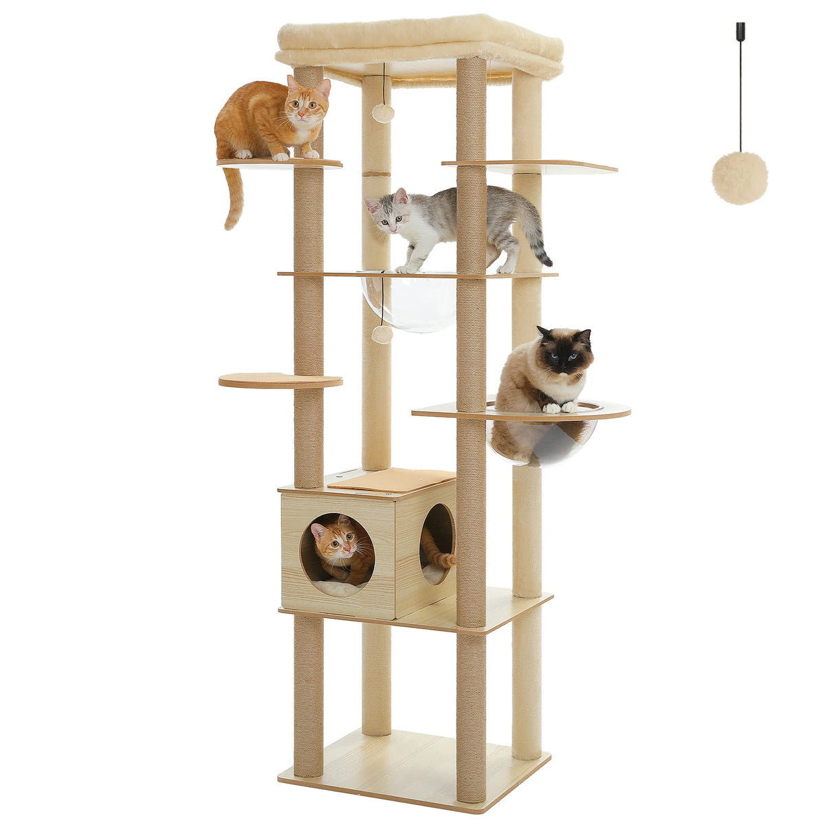 Multi-Level Wooden Cat Tree with Condo & Hammock