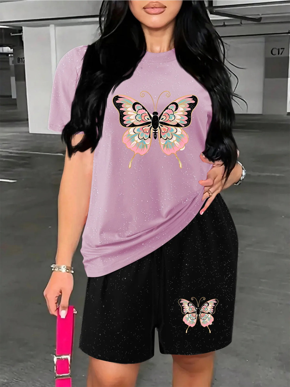Women's Printed Short-Sleeve Top and Shorts Set