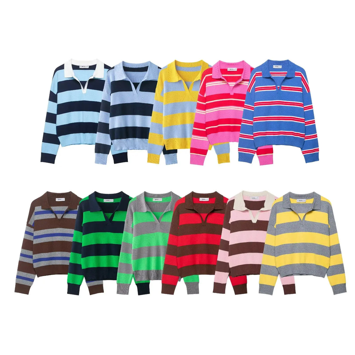 Striped Polo-Collar Long-Sleeve Sweater