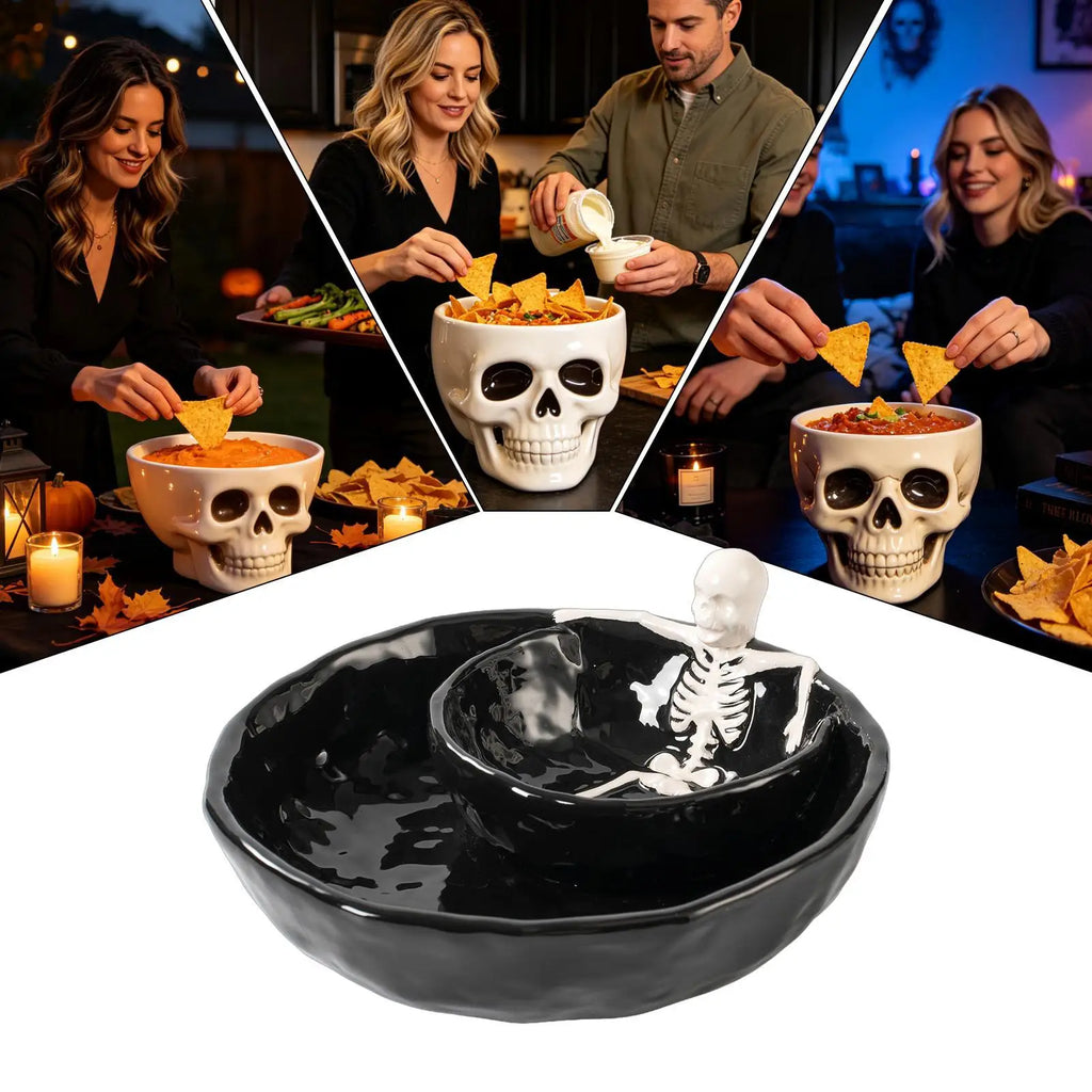 Skull-Shaped Ceramic Chip and Dip Bowl — 8.5 Inch
