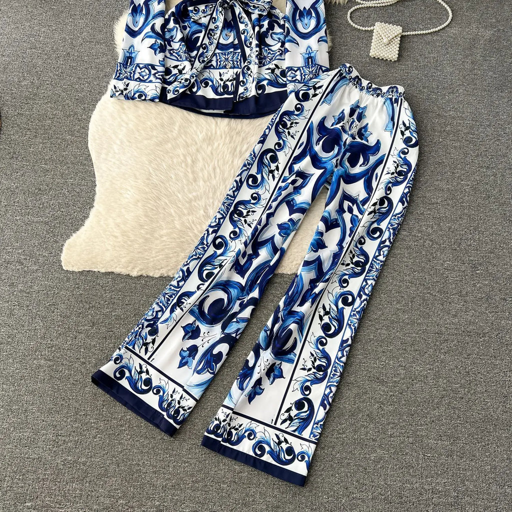 Printed Collar Top & Wide-Leg Pants Set