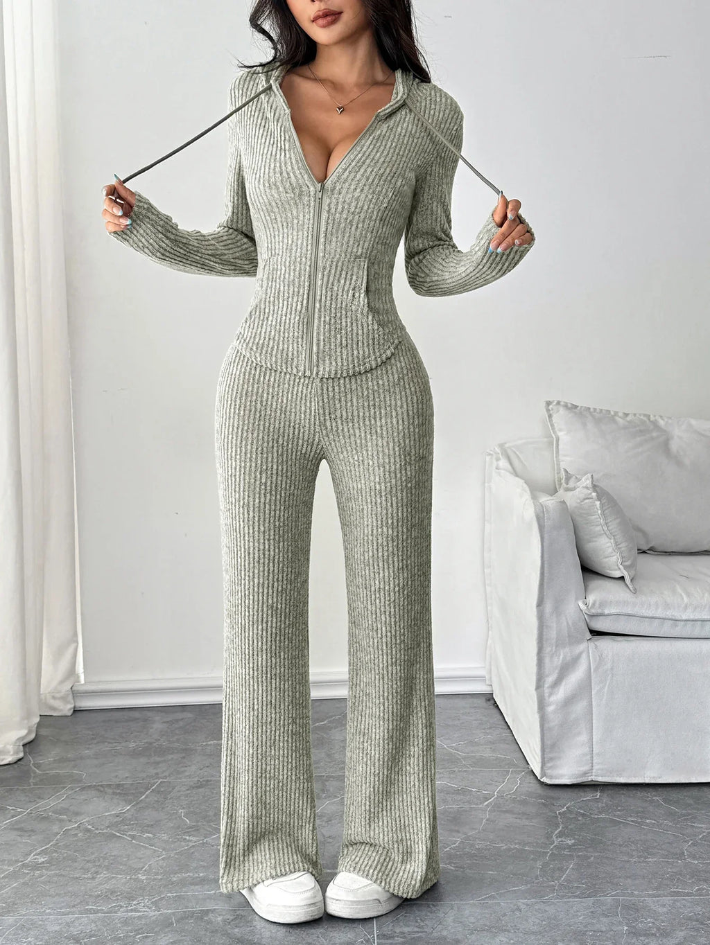 Zip-Up Hooded Top & Flared Pants Set