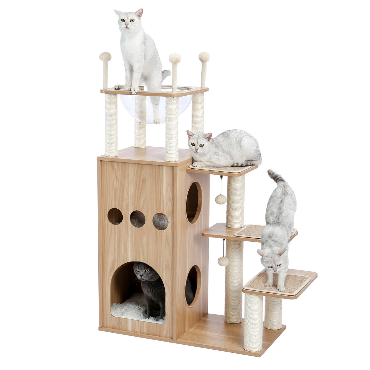 Multi-Level Wooden Cat Tree with Condo & Hammock